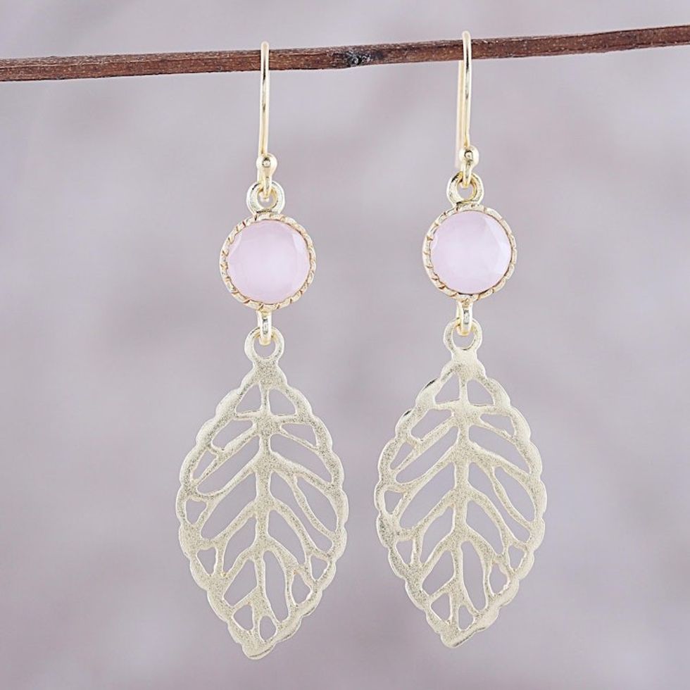 Gold Plated Rose Quartz Leaf Earrings from India 'Jaipur Leaves'