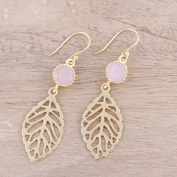 Alternate image for Gold Plated Rose Quartz Leaf Earrings from India Jaipur Leaves