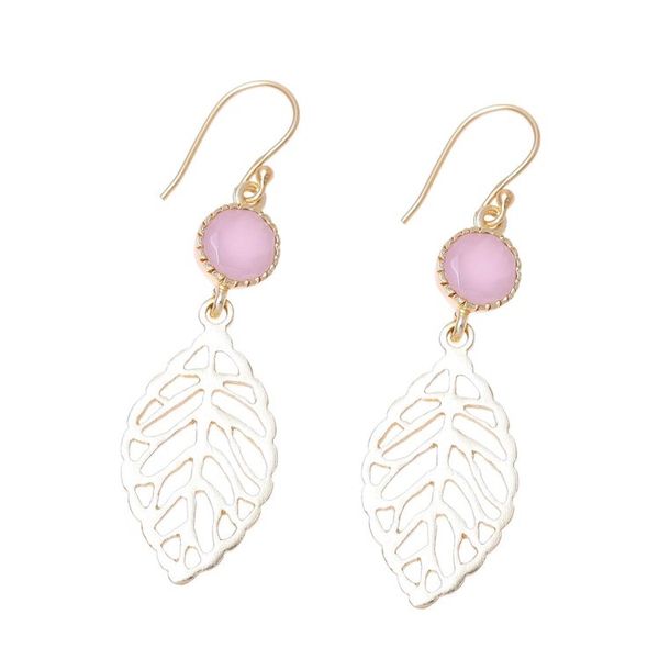 Alternate image for Gold Plated Rose Quartz Leaf Earrings from India Jaipur Leaves