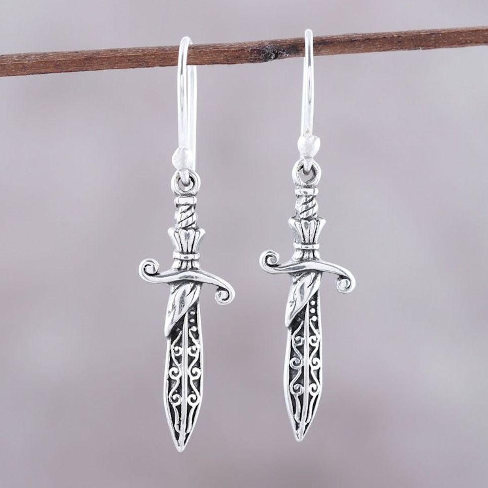 Sterling Silver Sword Dangle Earrings from India 'Protective Swords'