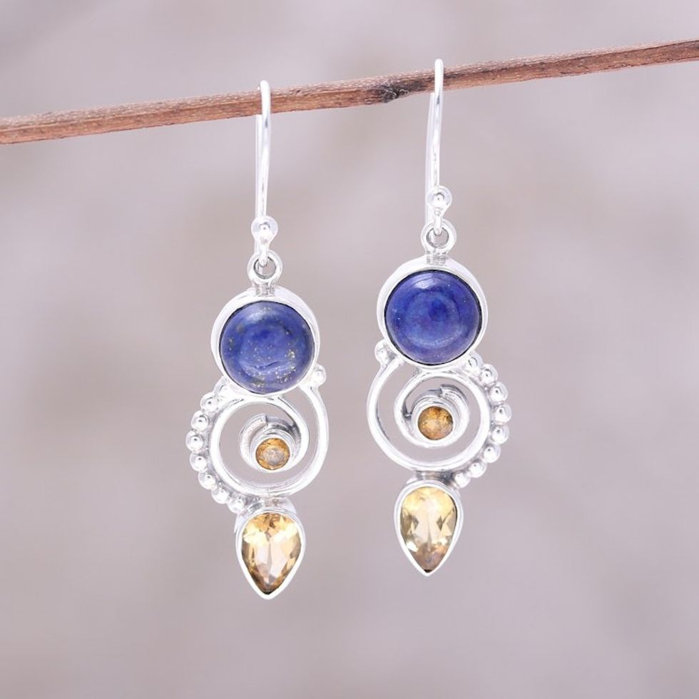 Citrine and Lapis Lazuli Spiral Earrings from India 'Majestic Spirals'