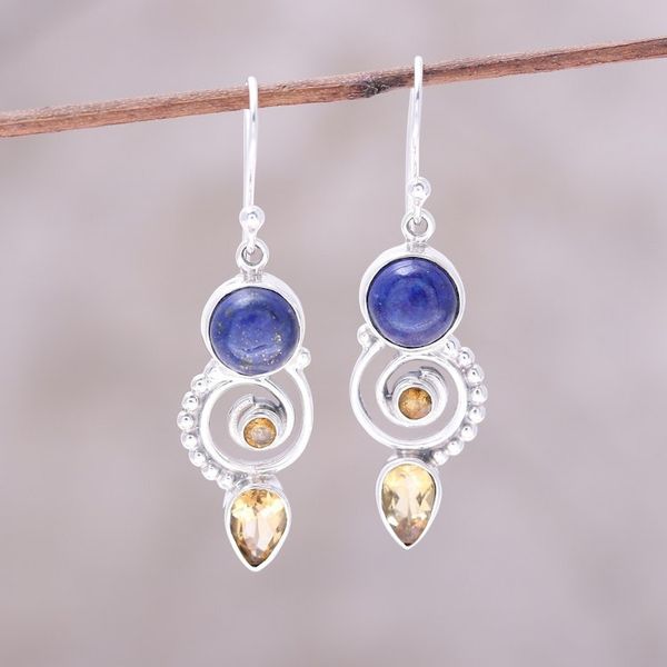 Alternate image for Citrine and Lapis Lazuli Spiral Earrings from India Majestic Spirals