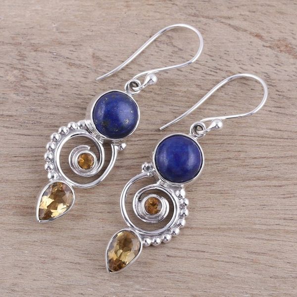 Alternate image for Citrine and Lapis Lazuli Spiral Earrings from India Majestic Spirals