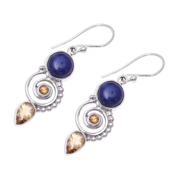 Alternate image for Citrine and Lapis Lazuli Spiral Earrings from India Majestic Spirals