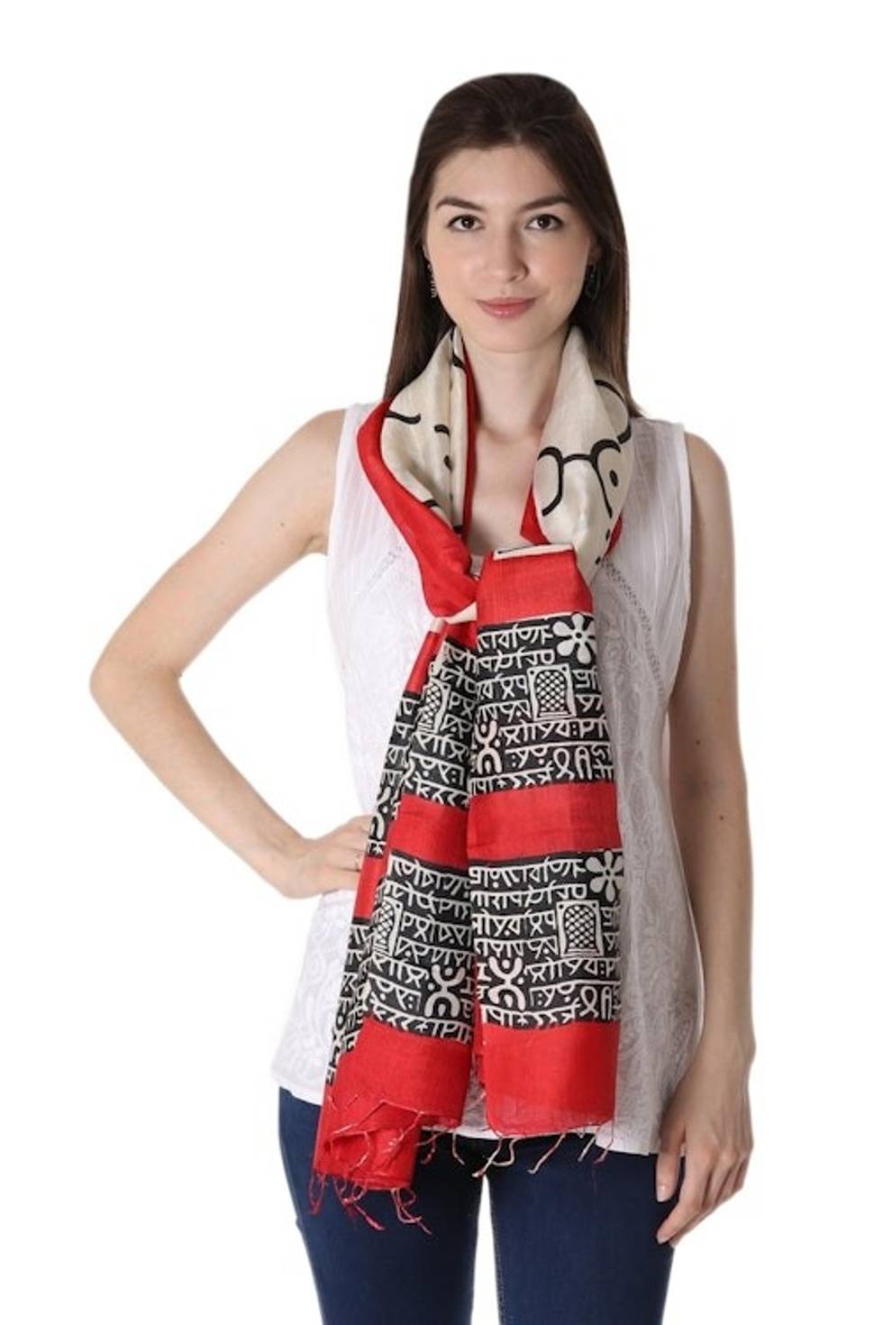 Handwoven Silk Shawl in Red and Black from India 'Peaceful Spirit'