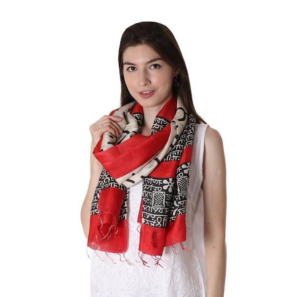 Alternate image for Handwoven Silk Shawl in Red and Black from India Peaceful Spirit