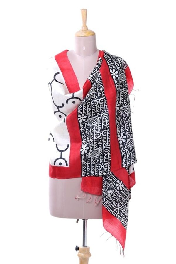 Alternate image for Handwoven Silk Shawl in Red and Black from India Peaceful Spirit