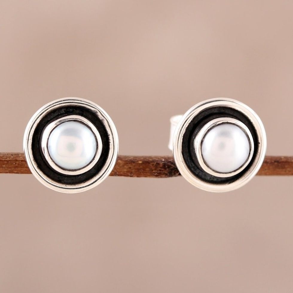 Circular Cultured Pearl Stud Earrings from India 'Graceful Frames'