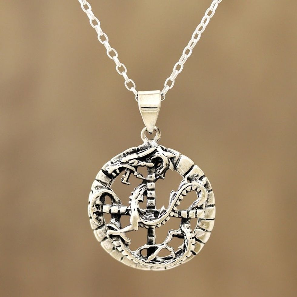 Circular Sterling Silver Dragon Pendant Necklace from India 'Dragon Mystic'