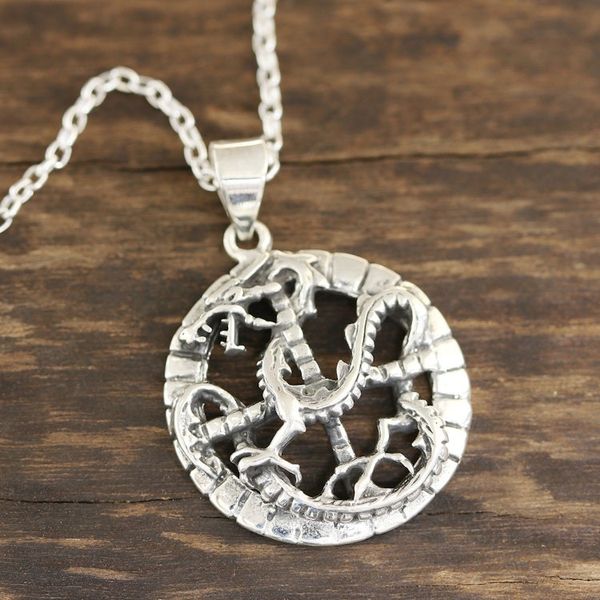 Alternate image for Circular Sterling Silver Dragon Pendant Necklace from India Dragon Mystic