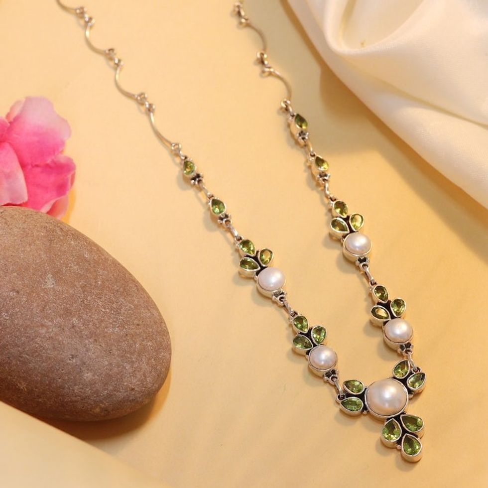 Cultured Pearl and Peridot Sterling Silver Pendant Necklace 'Full Moon Garden'
