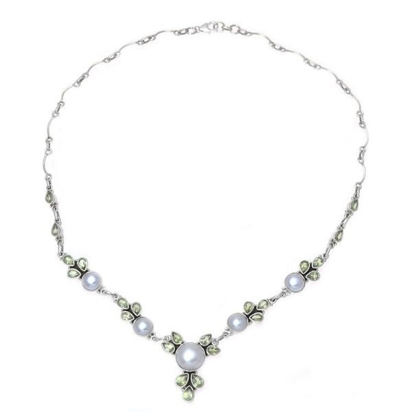 Alternate image for Cultured Pearl and Peridot Sterling Silver Pendant Necklace Full Moon Garden