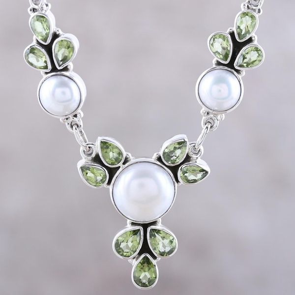 Alternate image for Cultured Pearl and Peridot Sterling Silver Pendant Necklace Full Moon Garden