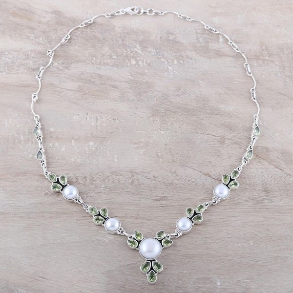 Alternate image for Cultured Pearl and Peridot Sterling Silver Pendant Necklace Full Moon Garden