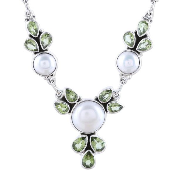 Alternate image for Cultured Pearl and Peridot Sterling Silver Pendant Necklace Full Moon Garden