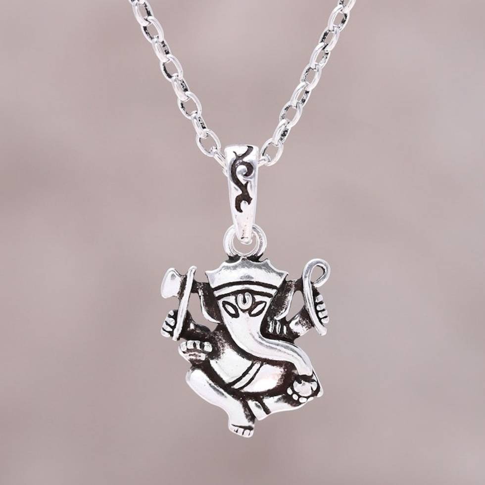 Sterling Silver Ganesha Pendant Necklace from India 'Proud Ganesha'