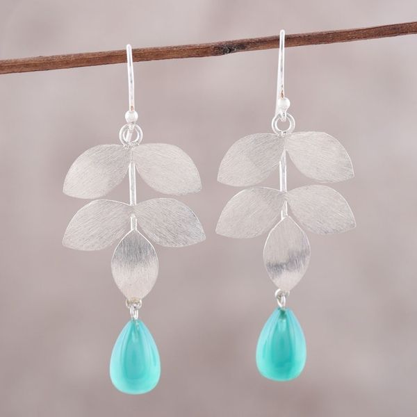 Alternate image for Sterling Silver and Green Onyx Leaf Theme Dangle Earrings Misty Leaves