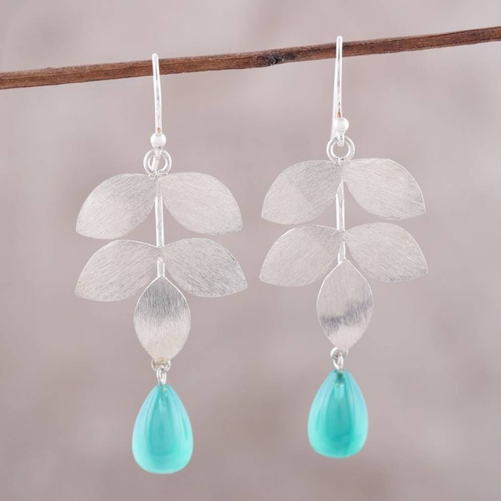 Sterling Silver and Green Onyx Leaf Theme Dangle Earrings 'Misty Leaves'