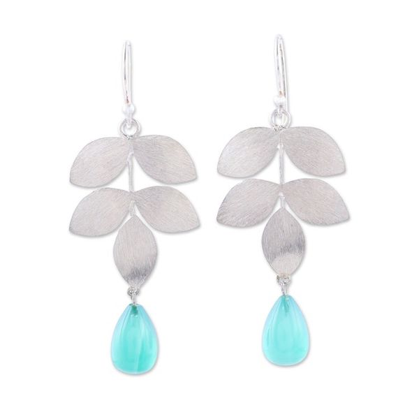 Alternate image for Sterling Silver and Green Onyx Leaf Theme Dangle Earrings Misty Leaves