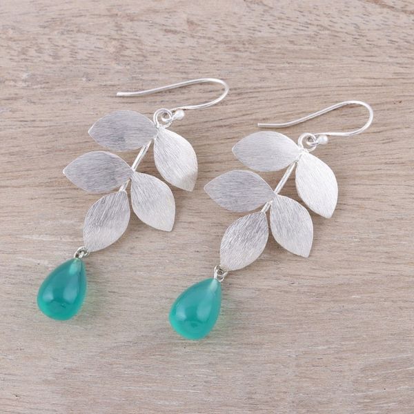 Alternate image for Sterling Silver and Green Onyx Leaf Theme Dangle Earrings Misty Leaves