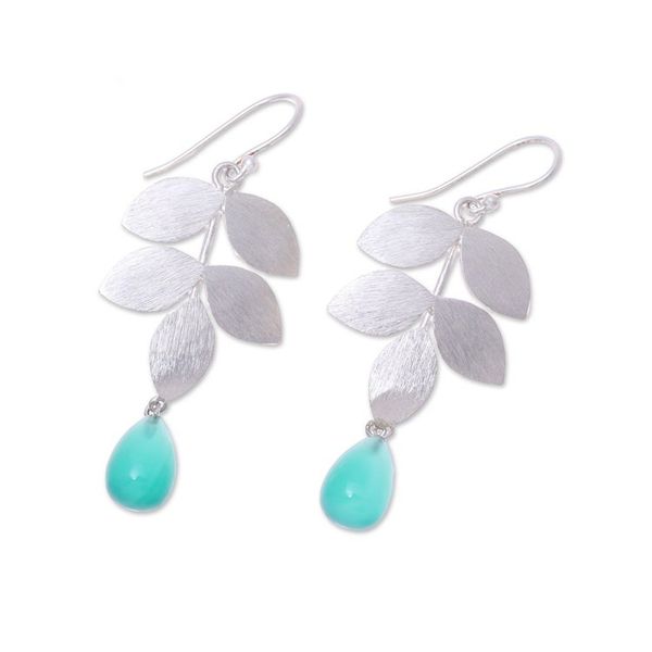 Alternate image for Sterling Silver and Green Onyx Leaf Theme Dangle Earrings Misty Leaves