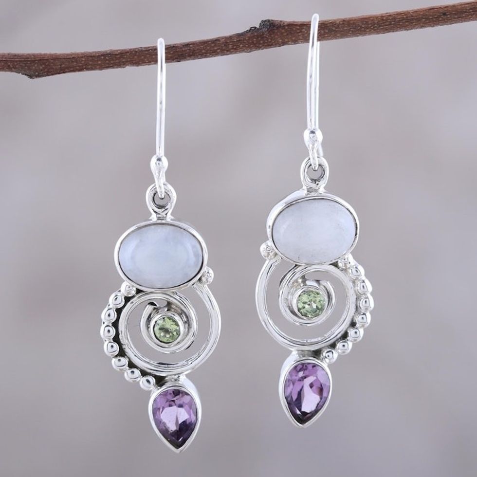 Multi-Gemstone and Sterling Silver Spiral Dangle Earrings 'Twilight Labyrinth'