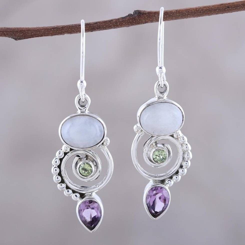 Multi-Gemstone and Sterling Silver Spiral Dangle Earrings 'Twilight Labyrinth'