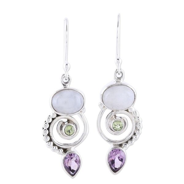 Alternate image for Multi-Gemstone and Sterling Silver Spiral Dangle Earrings Twilight Labyrinth