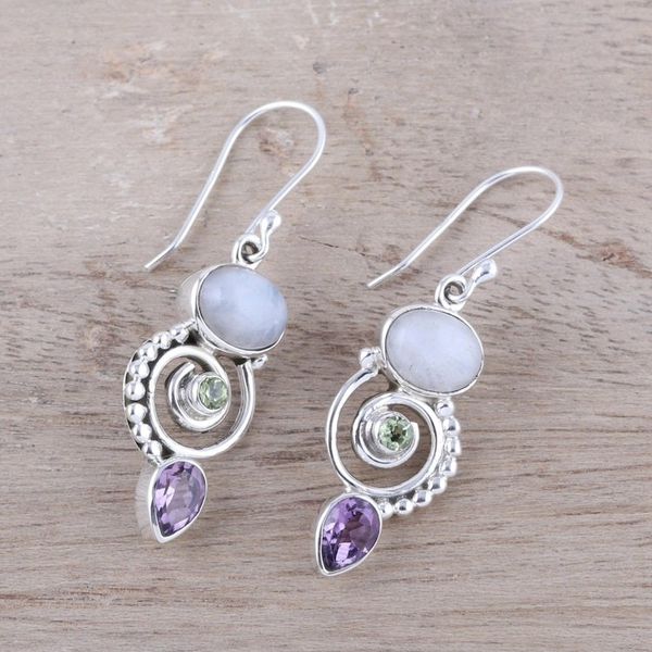 Alternate image for Multi-Gemstone and Sterling Silver Spiral Dangle Earrings Twilight Labyrinth