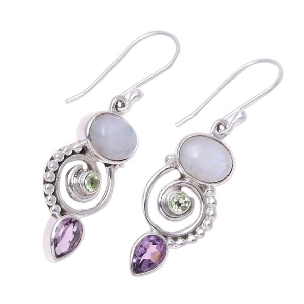 Alternate image for Multi-Gemstone and Sterling Silver Spiral Dangle Earrings Twilight Labyrinth