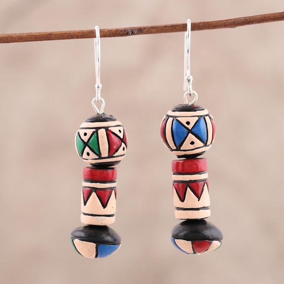 Hand-Painted Ceramic Dangle Earrings from India 'Aztec Style'