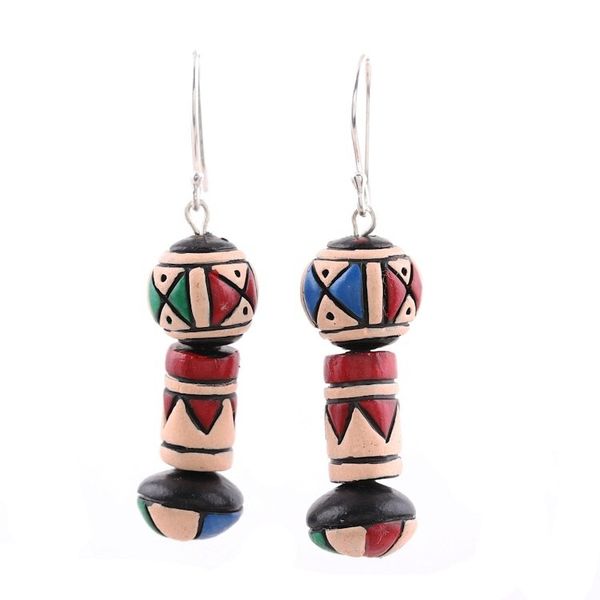 Alternate image for Hand-Painted Ceramic Dangle Earrings from India Aztec Style