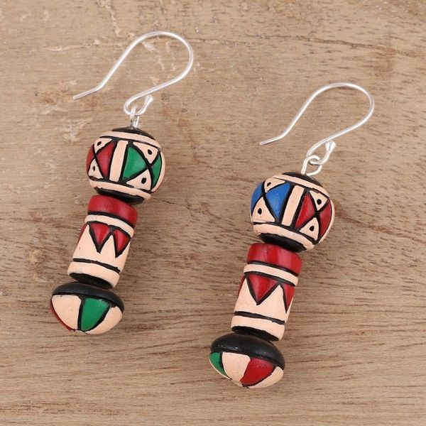 Alternate image for Hand-Painted Ceramic Dangle Earrings from India Aztec Style