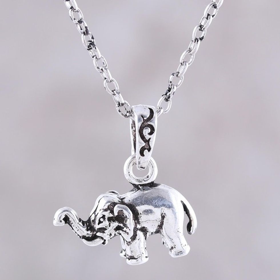 Sterling Silver Elephant Pendant Necklace from India 'Serene Elephant'
