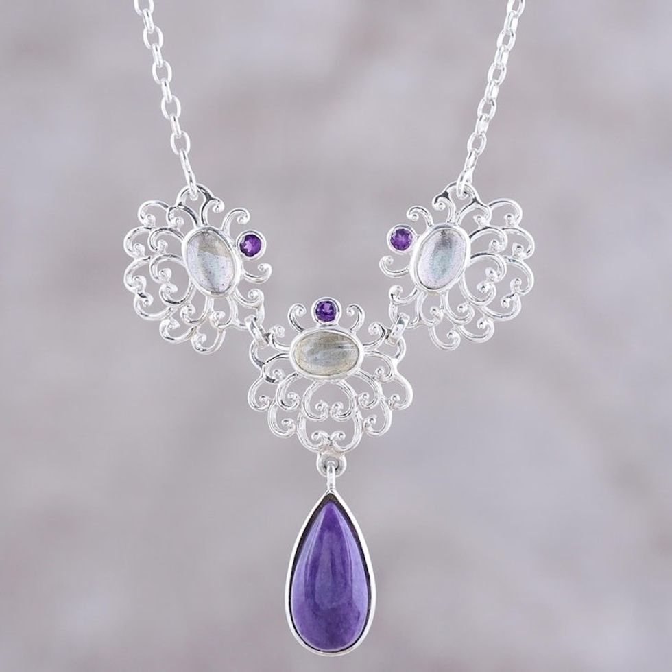 Amethyst Labradorite and Charoite Sterling Pendant Necklace 'Harmonious Purple Trio'