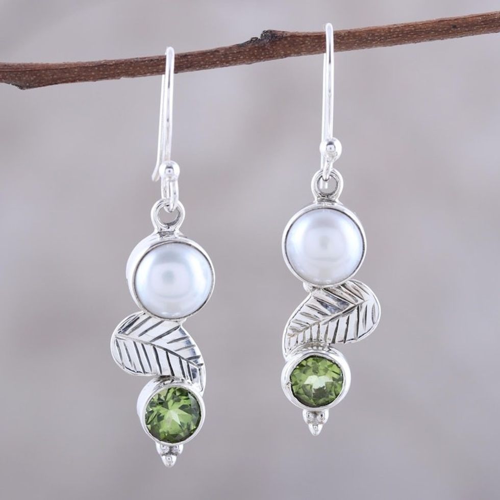 Cultured Pearl Peridot Sterling Silver Leaf Dangle Earrings 'Moonrise Garden'
