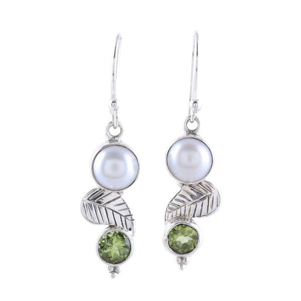 Alternate image for Cultured Pearl Peridot Sterling Silver Leaf Dangle Earrings Moonrise Garden