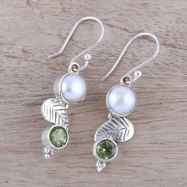 Alternate image for Cultured Pearl Peridot Sterling Silver Leaf Dangle Earrings Moonrise Garden