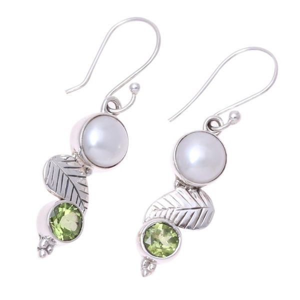 Alternate image for Cultured Pearl Peridot Sterling Silver Leaf Dangle Earrings Moonrise Garden