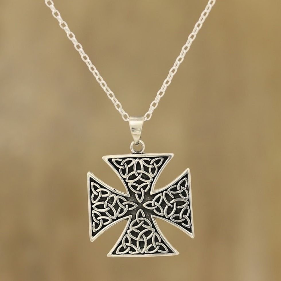Celtic Cross Sterling Silver Pendant Necklace from India 'Celtic Reverence'