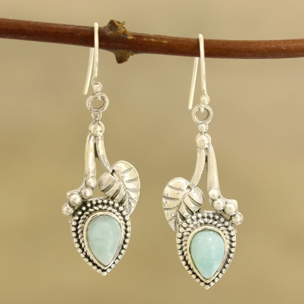 Leaf-Themed Larimar Dangle Earrings from India 'Caressed by Leaves'