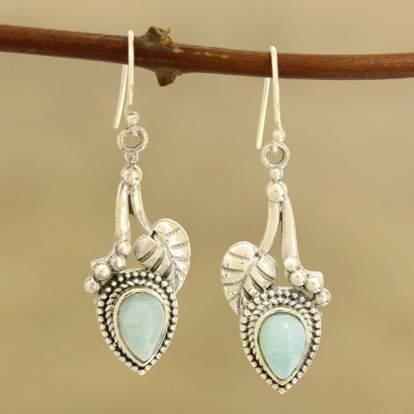 Alternate image for Leaf-Themed Larimar Dangle Earrings from India Caressed by Leaves