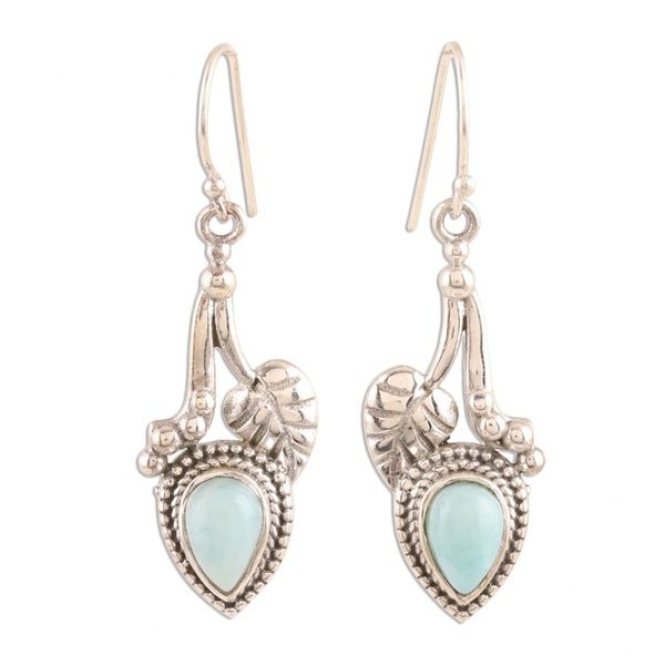 Alternate image for Leaf-Themed Larimar Dangle Earrings from India Caressed by Leaves