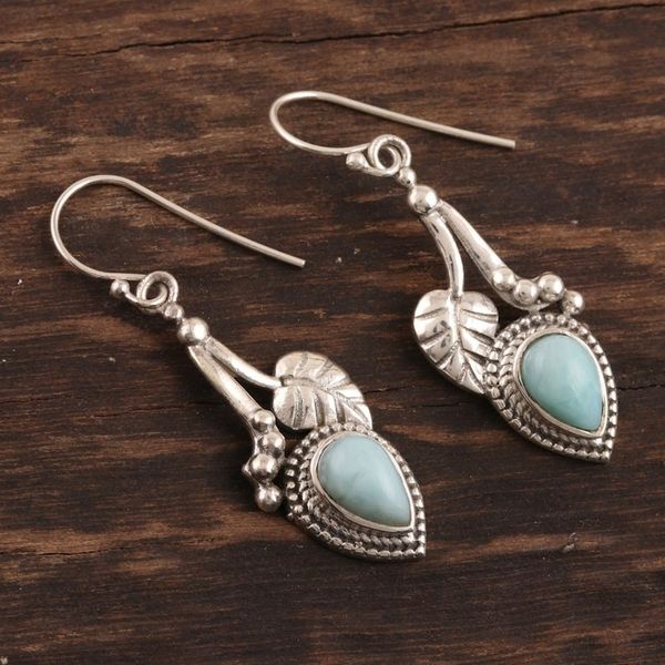 Alternate image for Leaf-Themed Larimar Dangle Earrings from India Caressed by Leaves