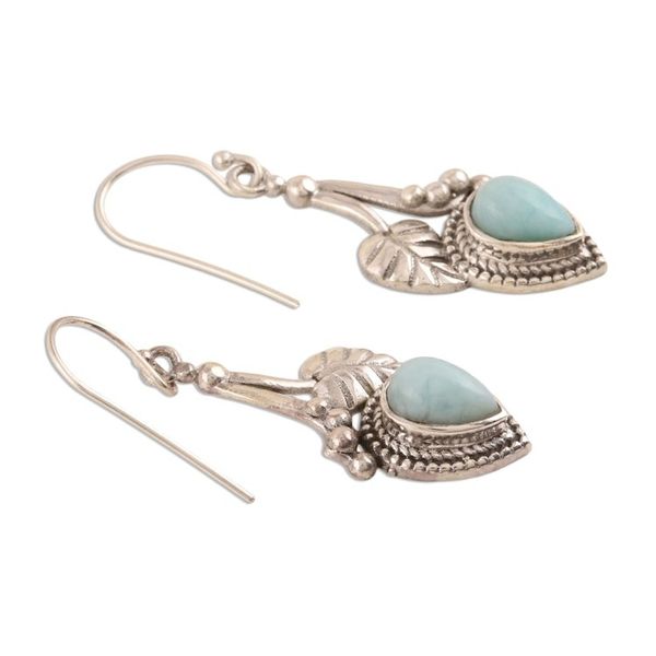 Alternate image for Leaf-Themed Larimar Dangle Earrings from India Caressed by Leaves