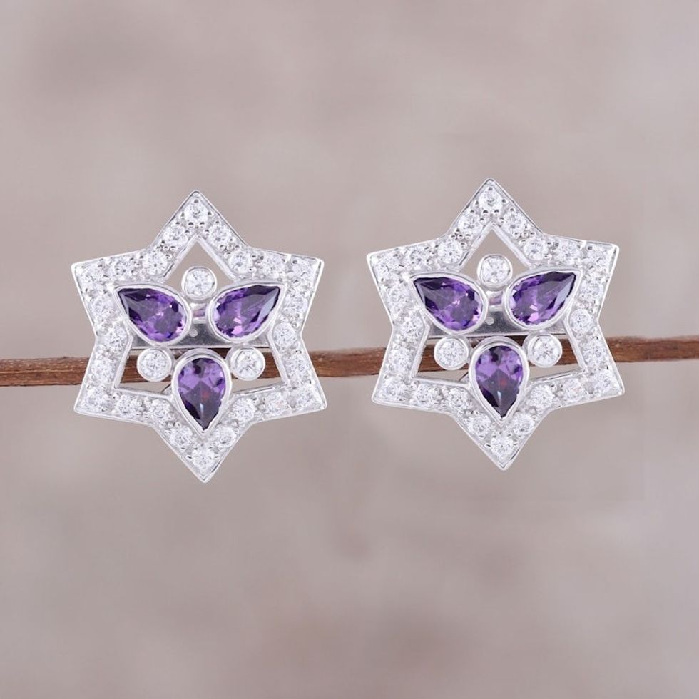 Rhodium Plated Sterling Silver Button Earrings from India 'Glistening Star'