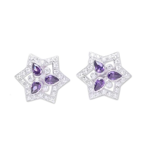 Alternate image for Rhodium Plated Sterling Silver Button Earrings from India Glistening Star