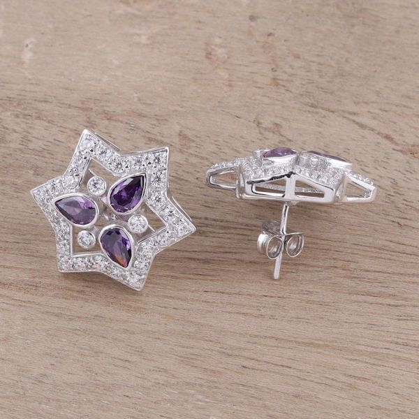 Alternate image for Rhodium Plated Sterling Silver Button Earrings from India Glistening Star
