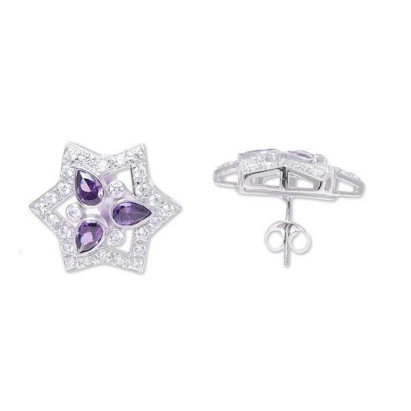 Alternate image for Rhodium Plated Sterling Silver Button Earrings from India Glistening Star