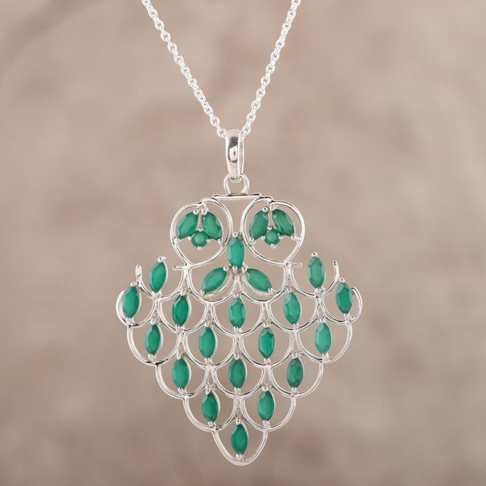 Green Onyx Pendant Necklace Crafted in India 'Love Sonnet'